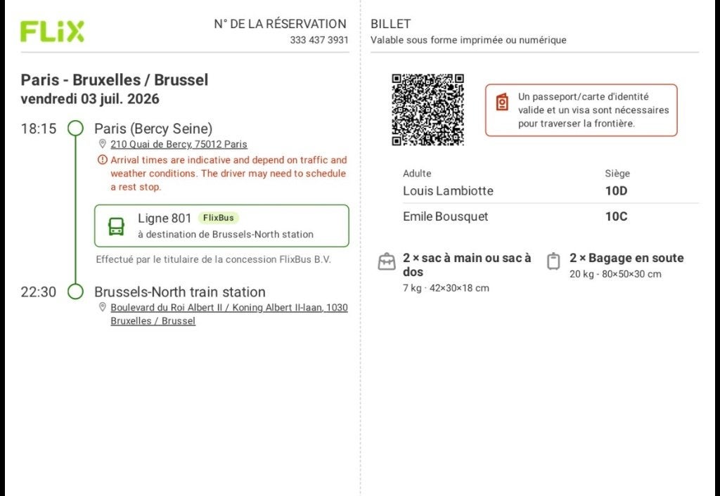 Billets de flixbus, Tickets & Billets, Deux personnes, Bus, Métro ou Tram, Avec destination ou date
