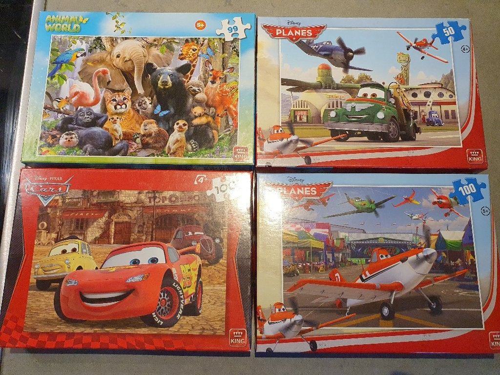 4 puzzels cars / planes / animal world, Enlèvement, Plus de 50 pièces, Utilisé, 4 à 6 ans