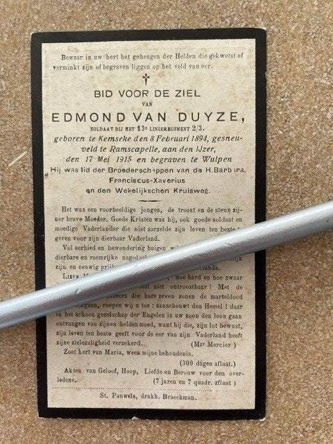 14-18 Soldaat 13de Liniereg Edmond VAN DUYZE Gesneuveld 1915, Ophalen of Verzenden, Bidprentje