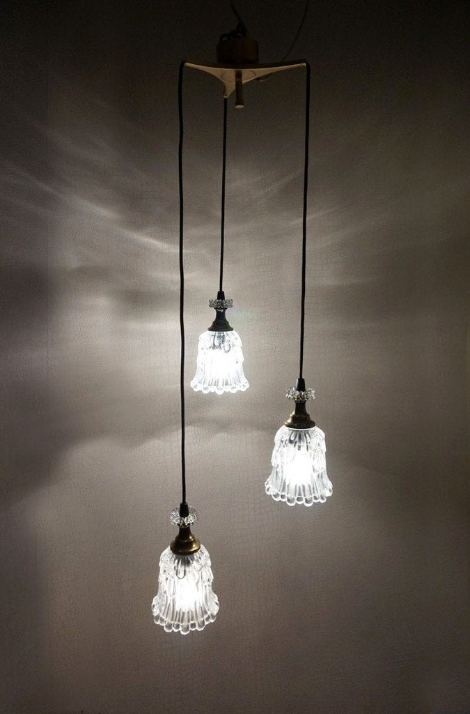 Vintage hanglamp met glazen kelken, Ophalen, Gebruikt, Glas, Retro vintage