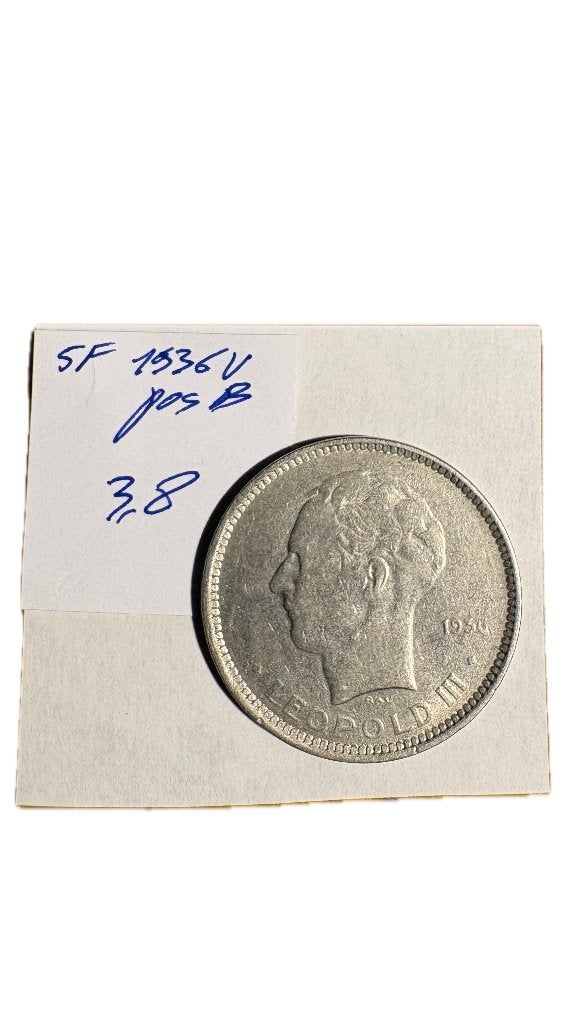LEOPOLD III: 5 FRANCS 1936V positie B, Ophalen of Verzenden