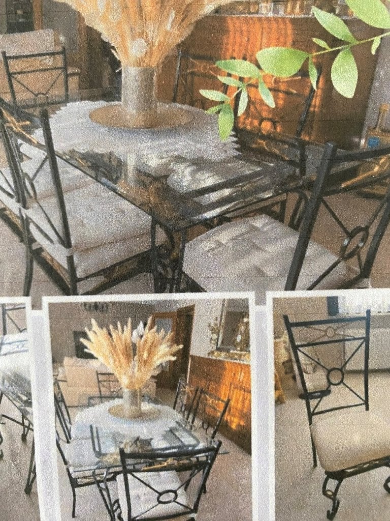 stevige tafel met 6 bijpassende stoelen in smeedijzer, Huis en Inrichting, Tafels | Eettafels, Ophalen, Overige materialen, Gebruikt