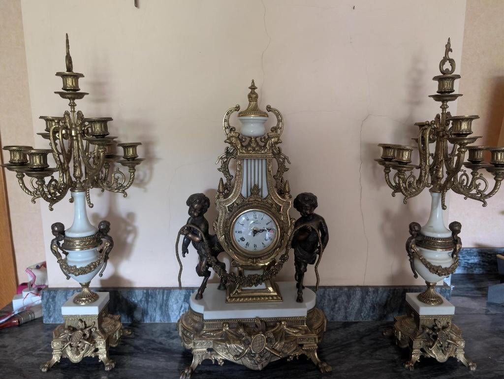 Schouwpendule & kandelaars Louis XVI-stijl — brons/marmer, Antiek en Kunst, Antiek | Klokken, Ophalen