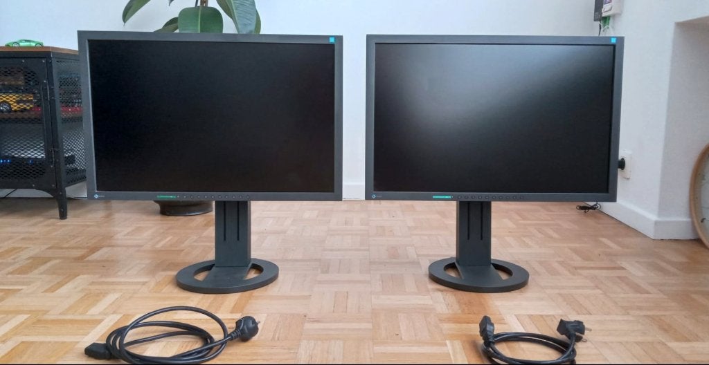 2 EIZO FlexScan S2233W 22" schermen — Pivot — DisplayPort, Ophalen, HD, Eizo, VA
