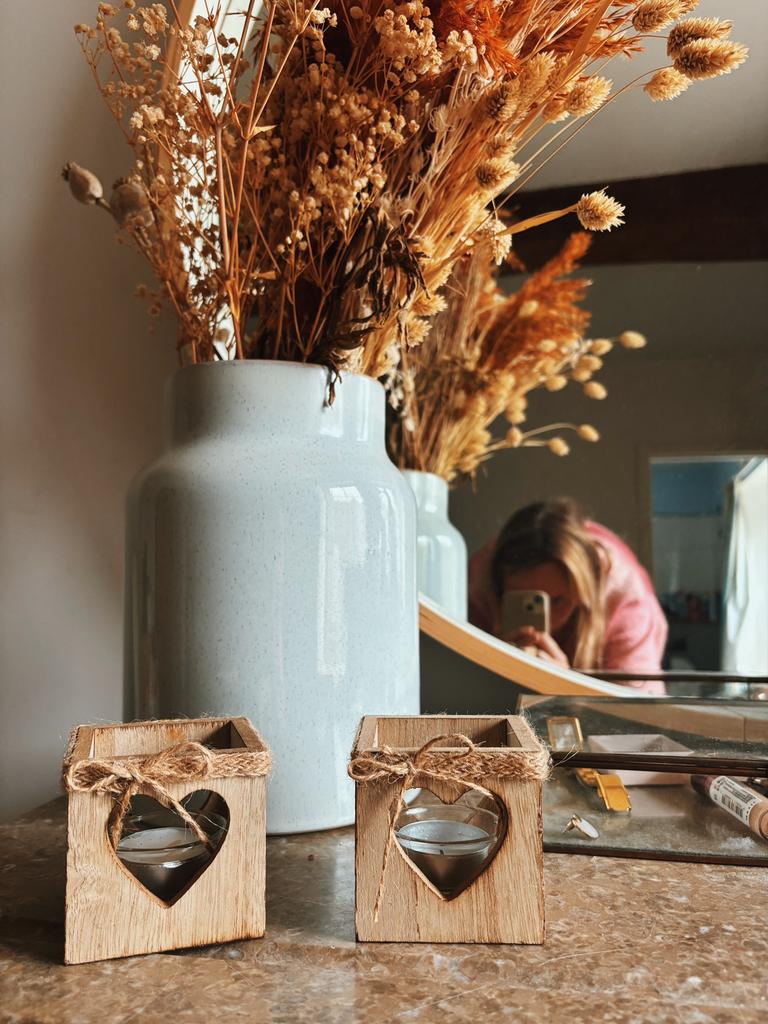 Lot de 2 bougeoirs en bois et verre en forme de coeur, Ophalen of Verzenden, Zo goed als nieuw, Hout, Kandelaar