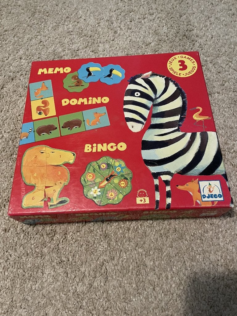 Djeco boîte de jeux MEMO/BINGO/DOMINO, Enlèvement, Comme neuf, Puzzles