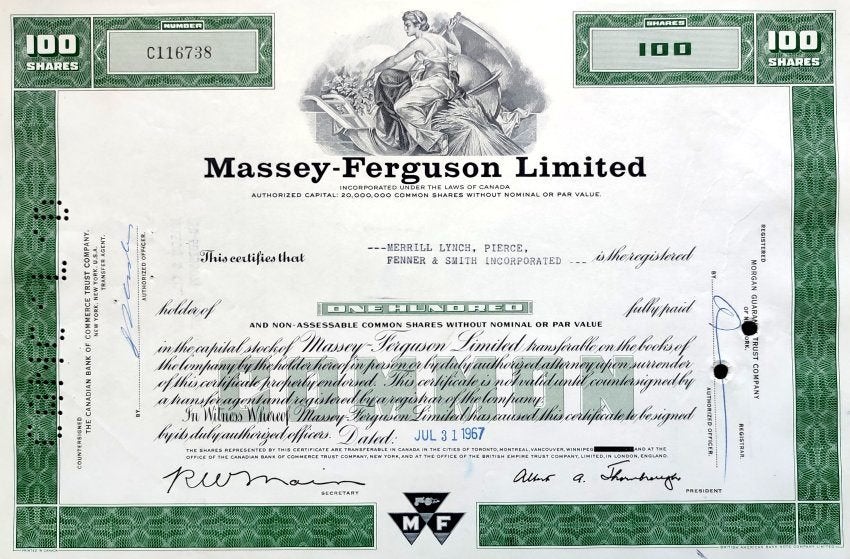 MASSEY FERGUSON (tractoren) 1967, Ophalen of Verzenden, 1950 tot 1970, Certificaat van aandeel