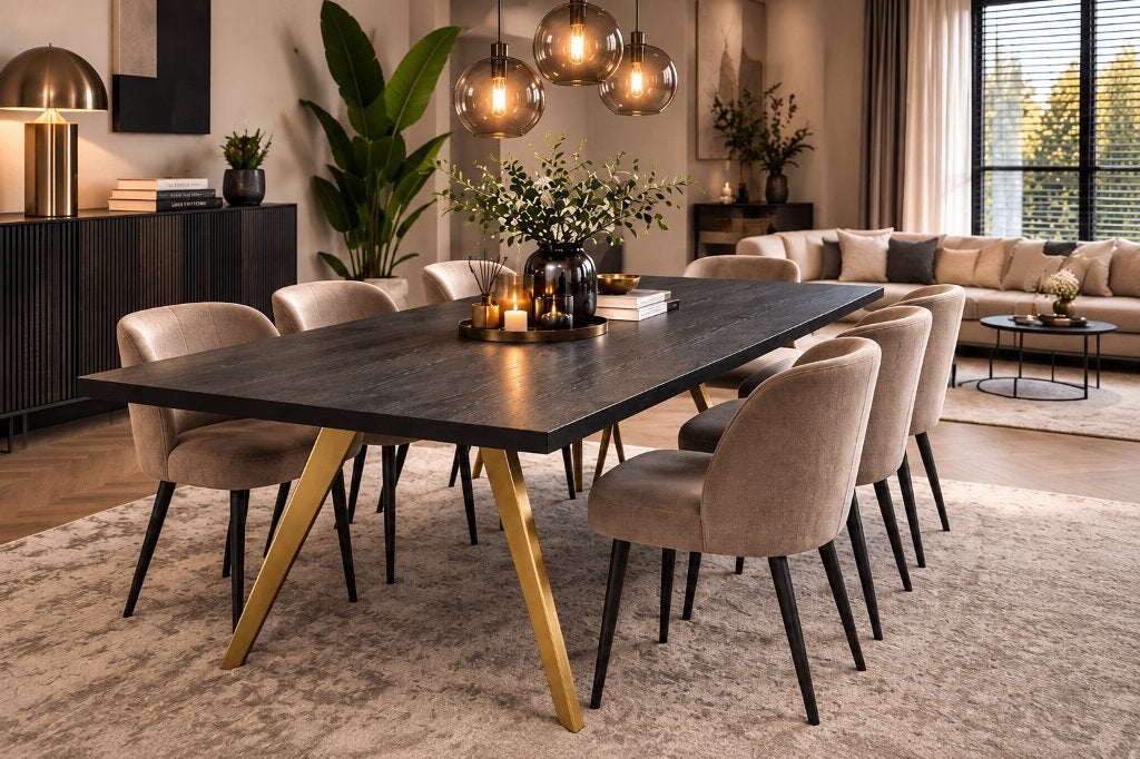 Luxe Eettafel Black Gold Hotel Chic Modern NIEUW DOOS, 100 tot 150 cm, Hotel Chic Modern Industrieel, Vijf personen of meer, Rechthoekig