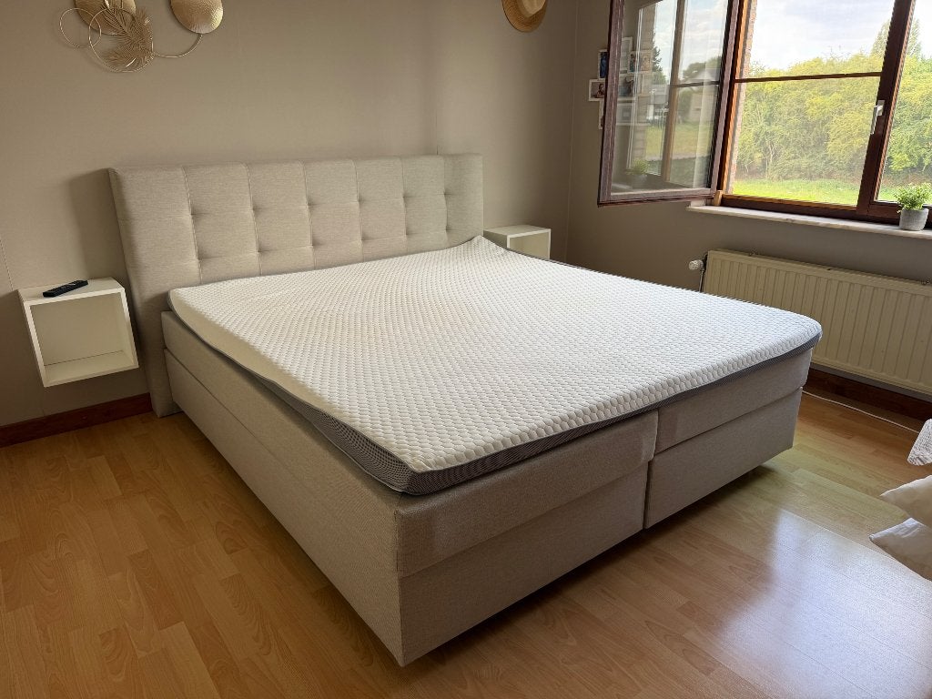 Boxspring, Huis en Inrichting, Slaapkamer | Boxsprings, Ophalen, Gebruikt, Beige, Tweepersoons