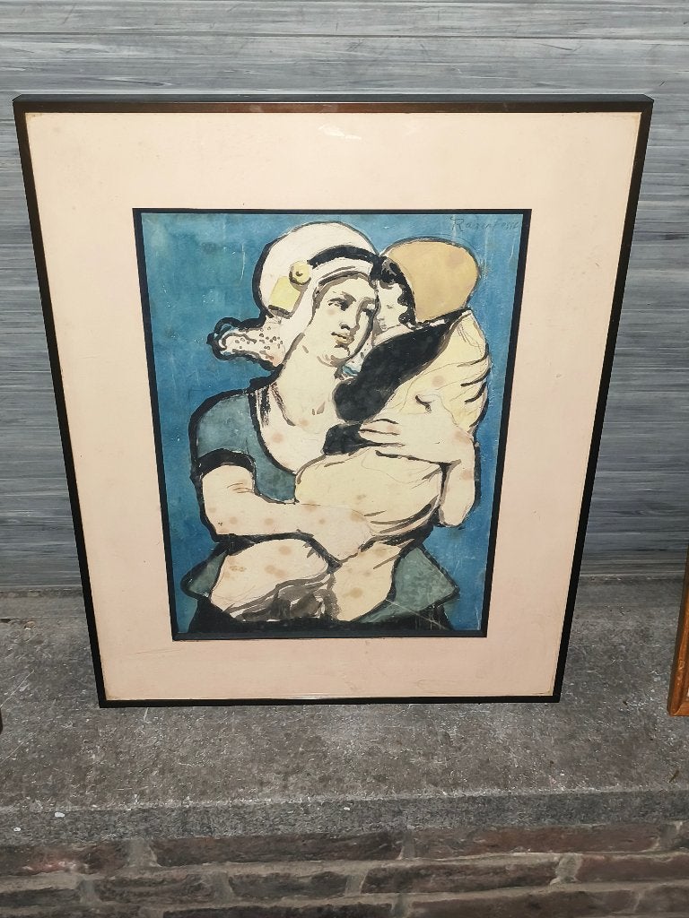 Aquarelle maternité signe Armand rassenfosse, Antiek en Kunst, Ophalen of Verzenden, Aquarel