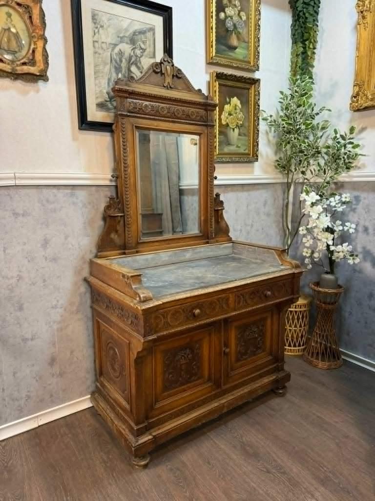 Neorenaissance commode met spiegel 1880–1890 (146038), Huis en Inrichting, Tafels | Kaptafels, Hout, Ophalen of Verzenden