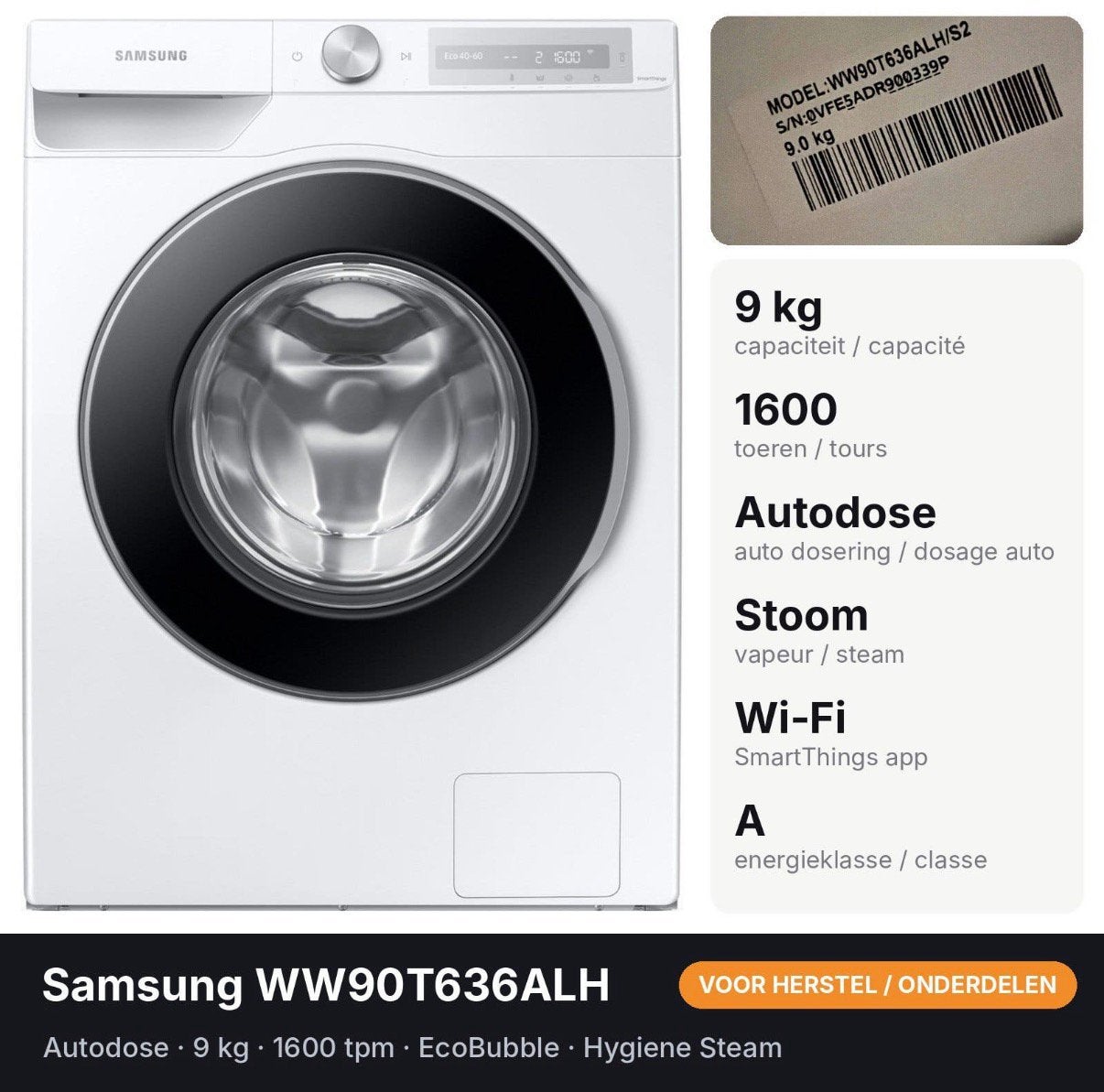 Samsung Autodose 9 kg voor herstelling/onderdelen, Ophalen, Zo goed als nieuw