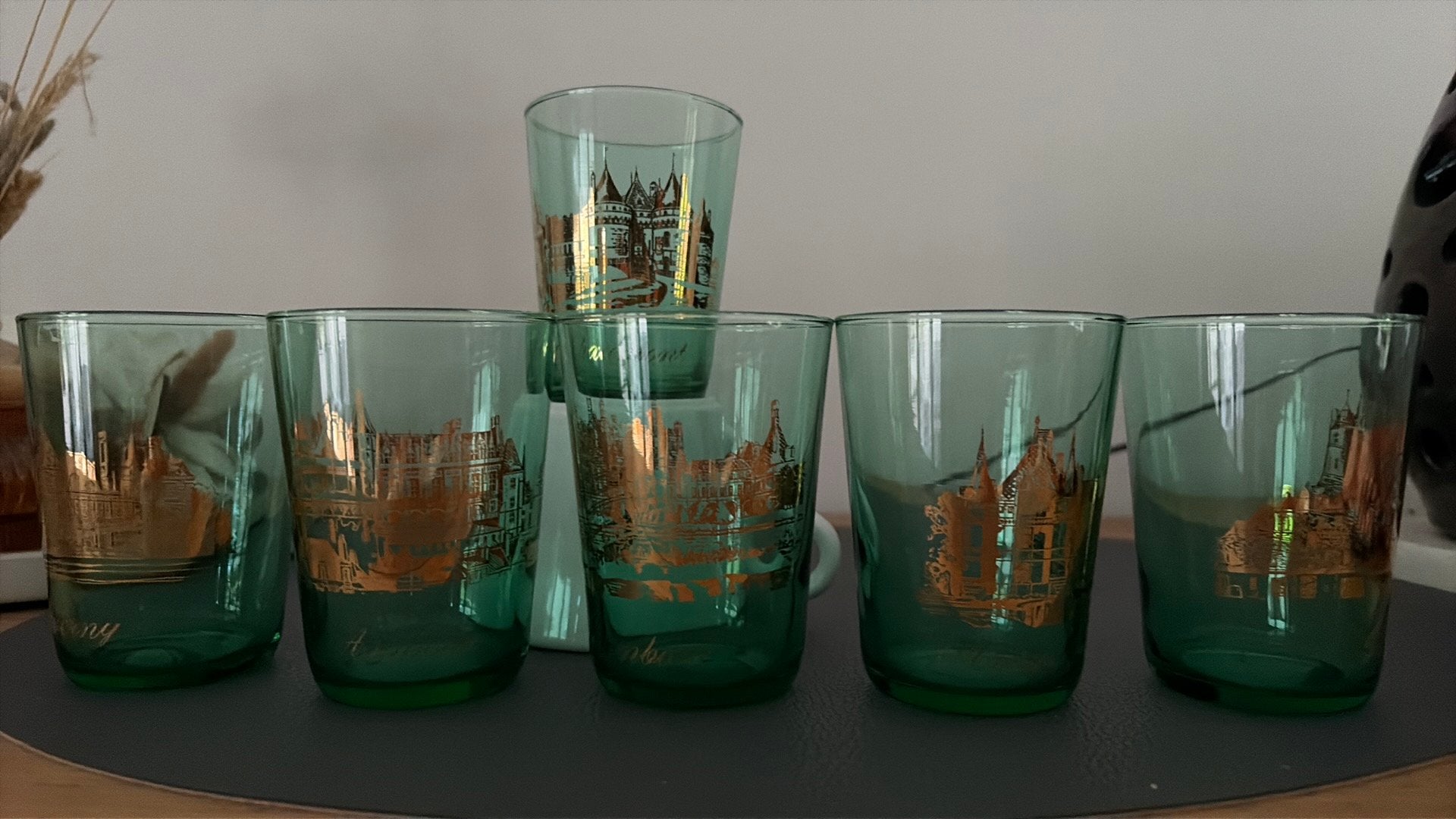 Lot de 6 verres à vin vintage vert émeraude et or, Collections, Enlèvement ou Envoi, Comme neuf