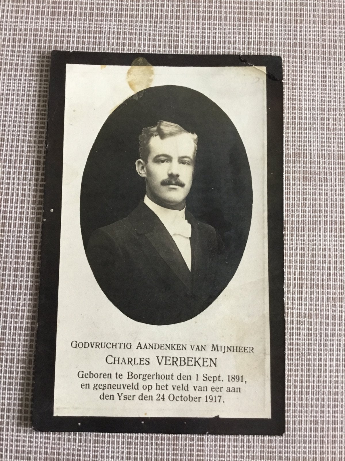 Le soldat C.Verbeken Borgerhout a tué a/d Yzer WOI, Enlèvement ou Envoi, Image pieuse