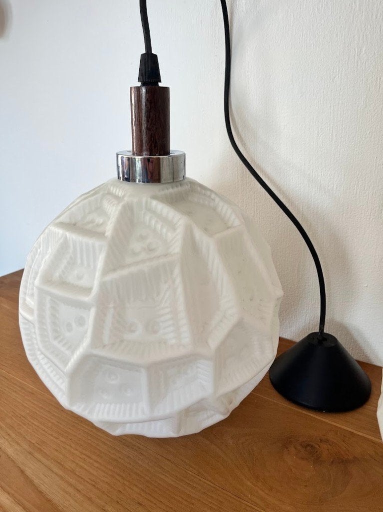 Melkglas Hanglamp Met Reliëfpatroon Vintage, Ophalen, Gebruikt, Glas, E27 (groot)