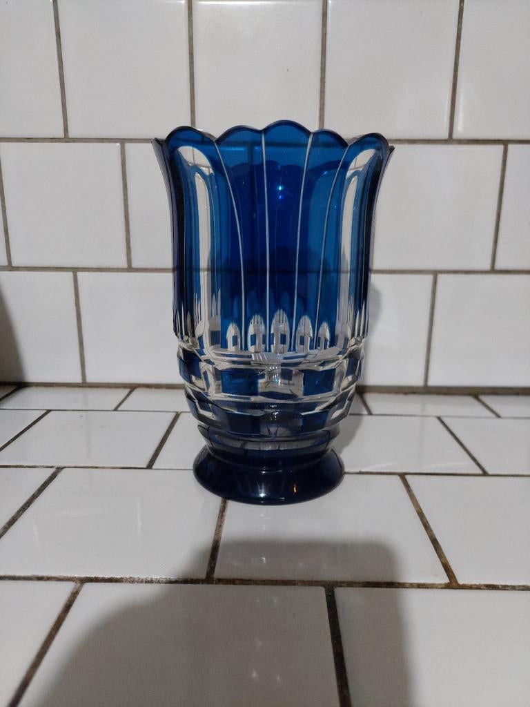 Vase en cristal art deco Val Saint Lambert bleu, Enlèvement ou Envoi