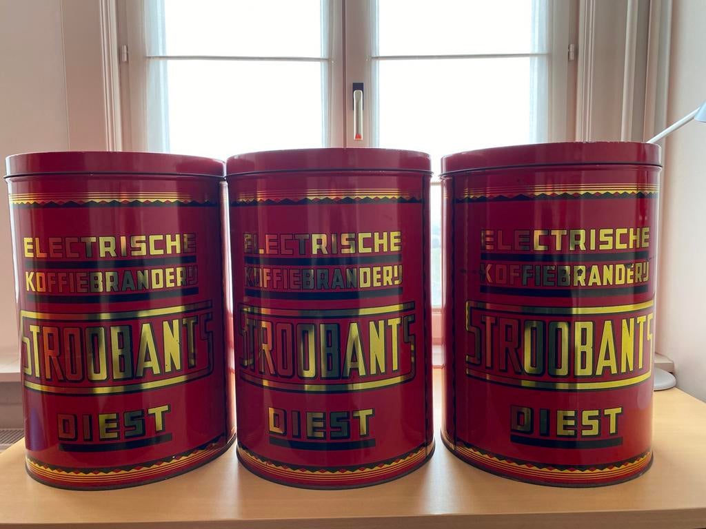 3 x Vintage blikken dozen Koffiebranderij Stroobants Diest, Ophalen
