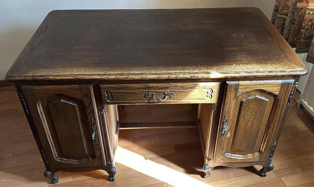 Vintage massief houten (eiken) bureau met stoel, Ophalen, Met lades, Gebruikt, Hout