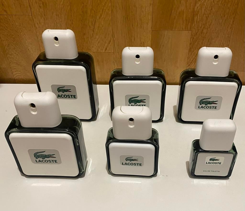 Set van 6 lege LACOSTE parfumflesjes, prijs: €18, Handtassen en Accessoires, Ophalen of Verzenden, Gebruikt