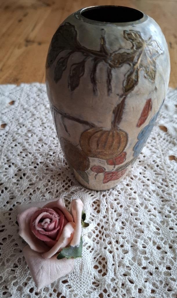 Vintage koperen cloisonne vaasje met fruit uit India, Enlèvement ou Envoi