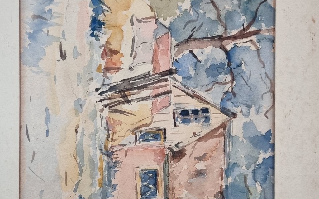 Aquarel roze huis tussen bomen - gesigneerd, 1913, Ophalen, Impressionistisch, Aquarel, Gedateerd