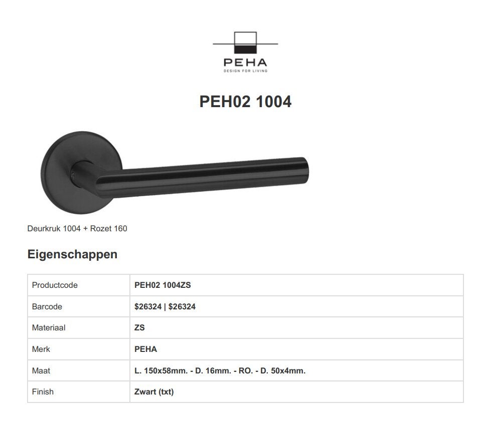 Peha Deurkruk 1004 + Rozet 160 zwart - Eeklo, Ophalen of Verzenden