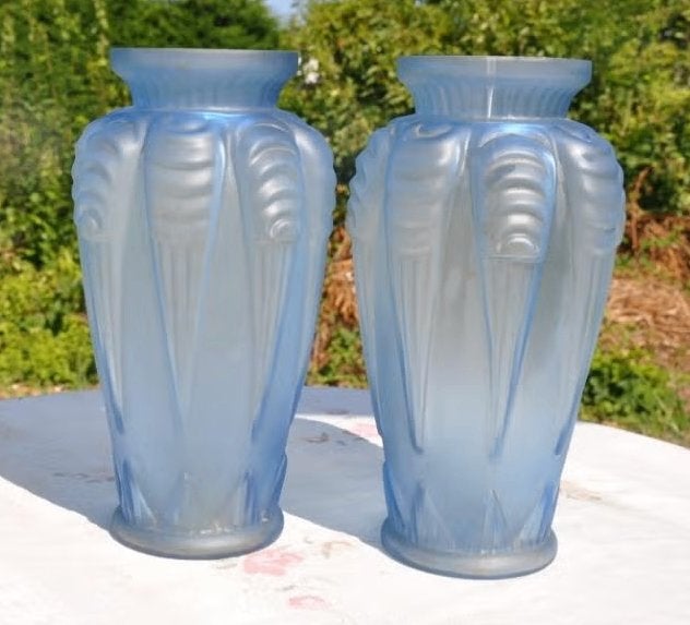 § paire de vases en verre bleu art deco, Ophalen of Verzenden