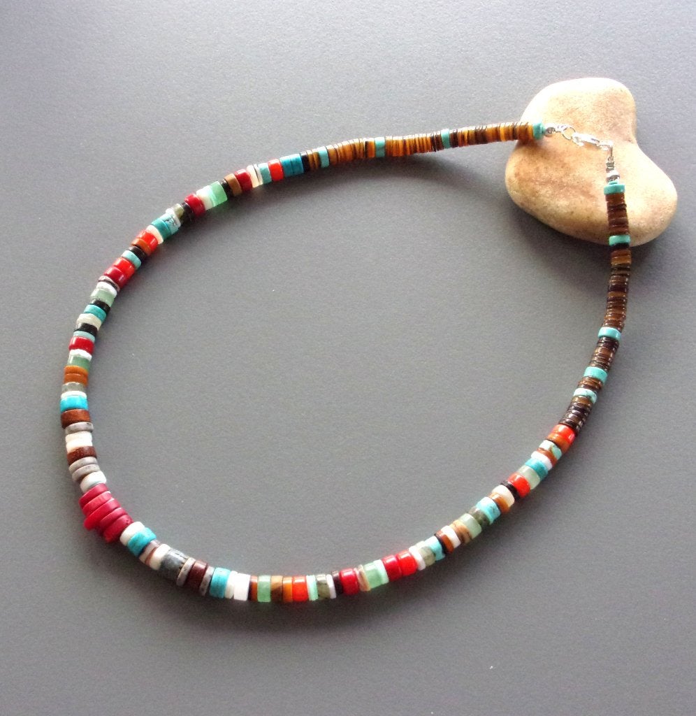 Navajo surferketting voor dames of heren in koraal, turkoois, Blauw, Nieuw, Ophalen of Verzenden, Met edelsteen