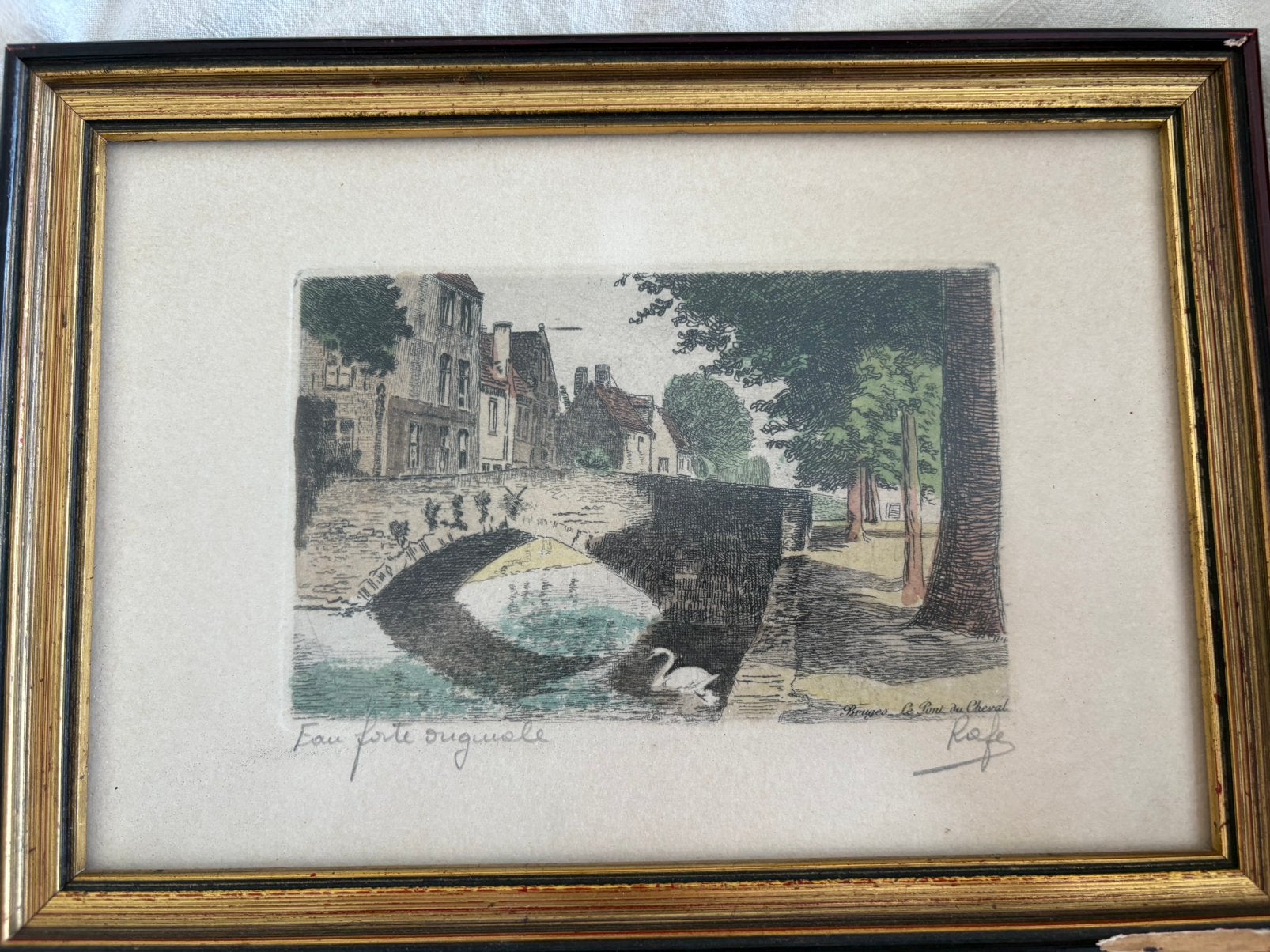Mooie set van 3 originele etsen Brugge Gesigneerd door Rafe, Antiek en Kunst, Ophalen, Ets, Gesigneerd