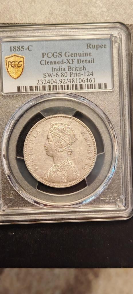 India,1 Rupee 1885C, PCGS genuine XF.., Timbres & Monnaies, Monnaies | Asie, Monnaie en vrac, Asie du Sud, Argent, Enlèvement ou Envoi