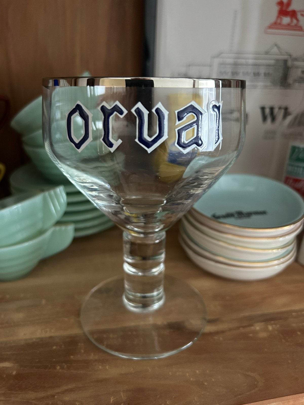 Orval antiek glas emaille letters, Verzamelen, Ophalen of Verzenden, Gebruikt, Bierglas