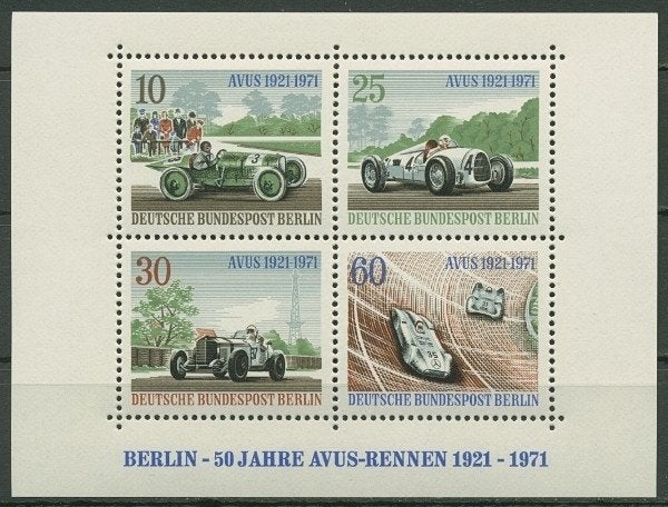 Berlin 1971 – Bloc-feuillet « Sports automobiles », Michel:, Envoi, Non oblitéré, Voitures