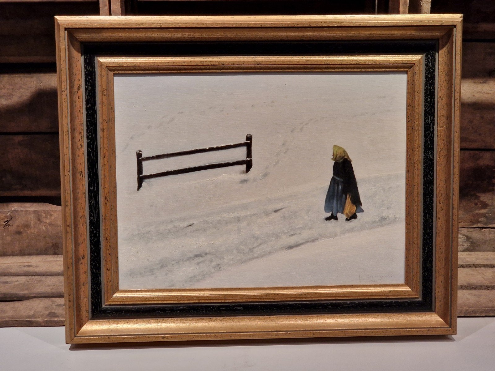Kader met schilderij op doek, Enlèvement, Signé, Paysage, Toile