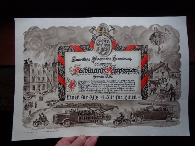 WO 2 periode 1938 , grote oorkonde van de brandweer, Ophalen of Verzenden, Overige soorten, Overige typen