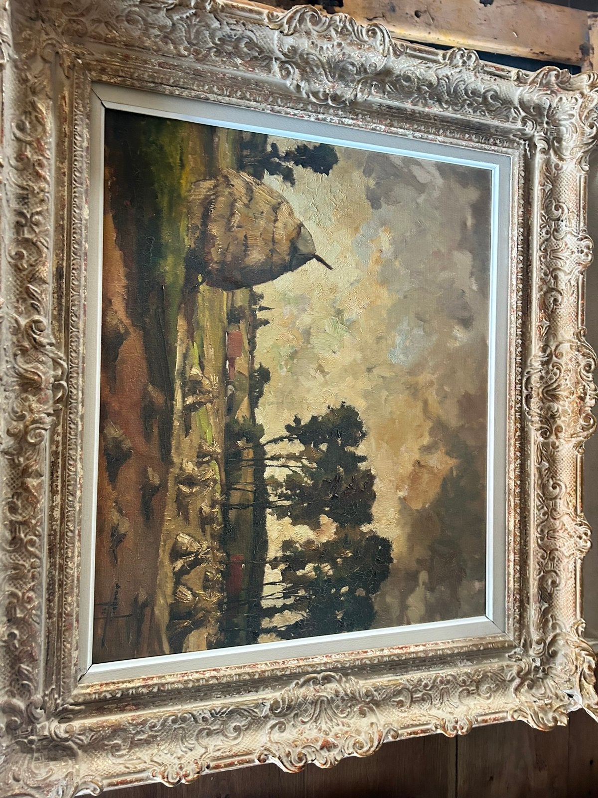 Olieverfschilderij "Hooimijt & Landschap" in Baroklijst, Antiek en Kunst, Ophalen of Verzenden