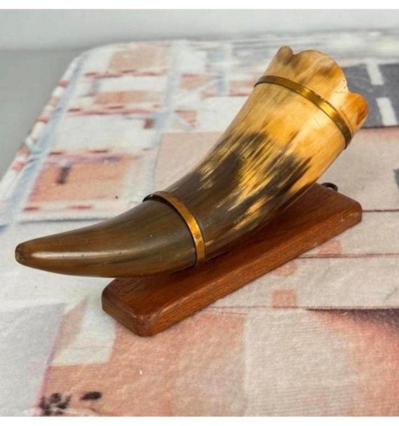 Vintage Viking drinking glanzende Hoorn op standaard, 20cm, Antiek en Kunst, Ophalen of Verzenden