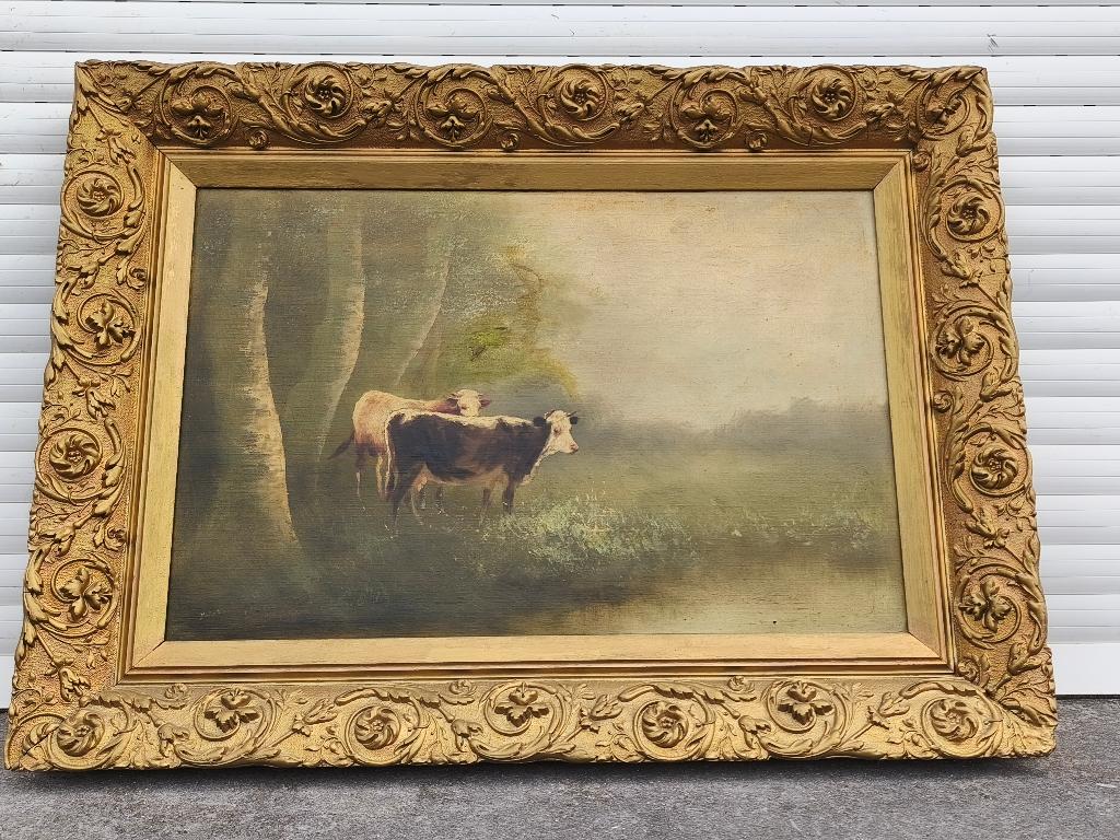 Huile sur toile vaches signe h raes, Antiquités & Art, Enlèvement ou Envoi