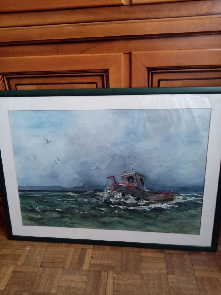Aquarelle marine peinte sur uralit signé  70/80s  84/60cm, Antiquités & Art, Art | Peinture | Classique, Enlèvement