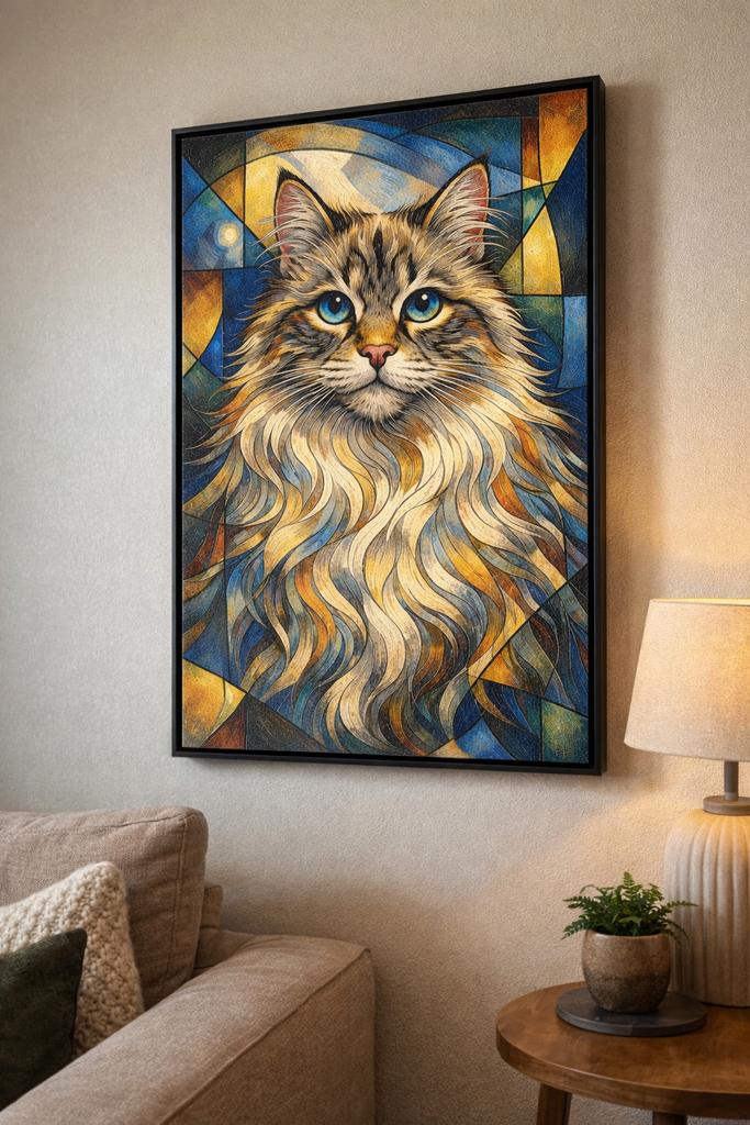 Kat Canvas Art 60x90 cm – Luxe Kattenkunst met Zwarte Lijst, Ophalen of Verzenden