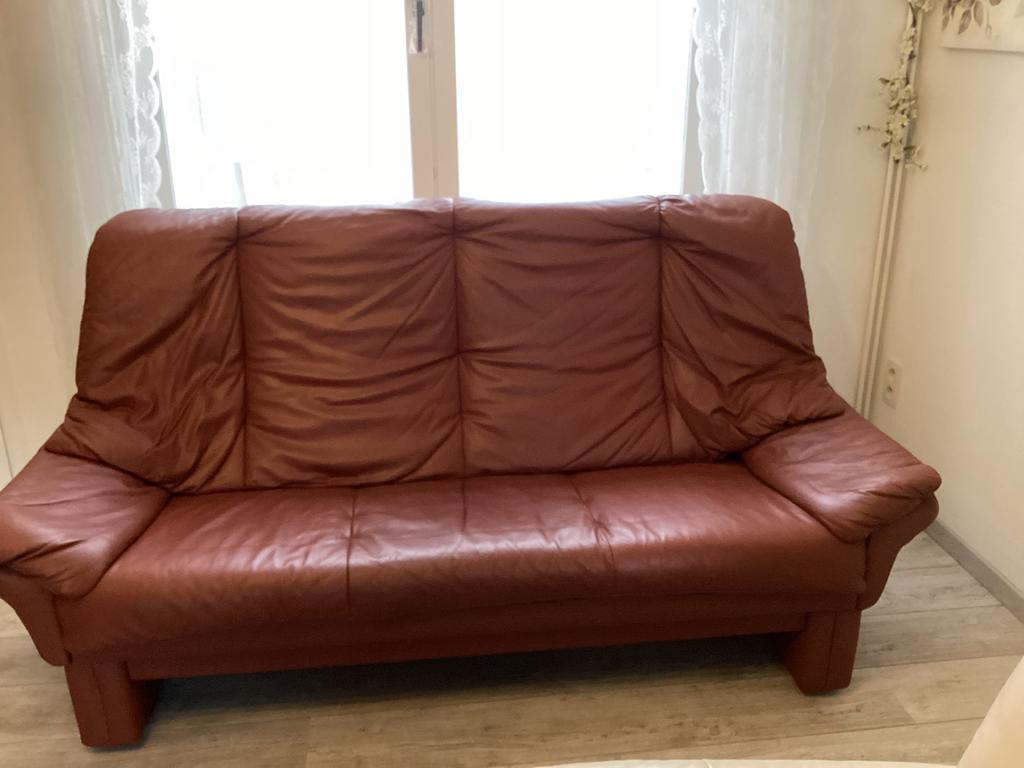 PRACHTIGE COGNAC/ TERRACOTTA ZITBANK IN ZEER SOEPEL LEER, Huis en Inrichting, Ophalen, Zo goed als nieuw, Leer
