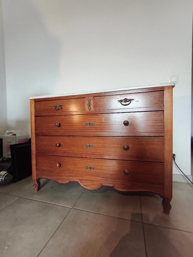 Antieke houten commode met marmeren blad - 5 laden, Ophalen of Verzenden
