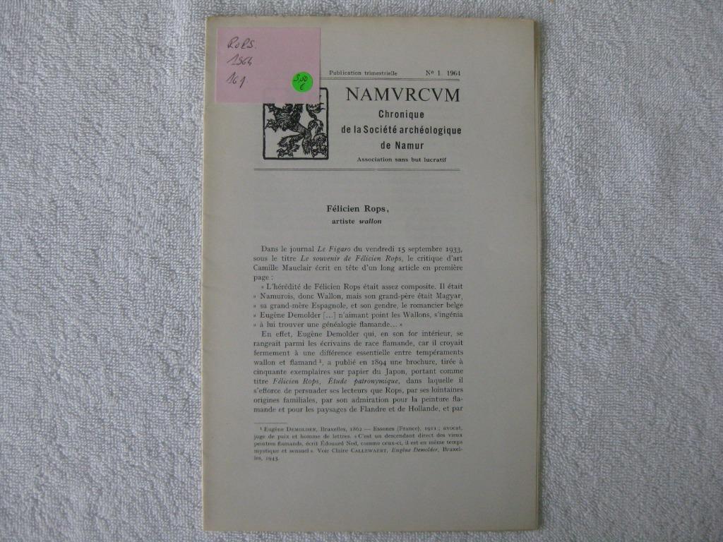 Namur Ville et Province – Félicien Rops – de Froidcourt 1964, Livres, Enlèvement ou Envoi, Utilisé