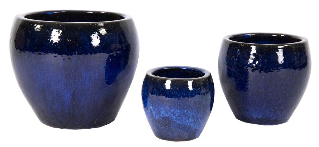 TUINPOTTEN FALLING BLUE GEGLAZUURD BOL 3 DLG SET NIEUW, Neuf, Rond, Pierre, 30 à 60 cm