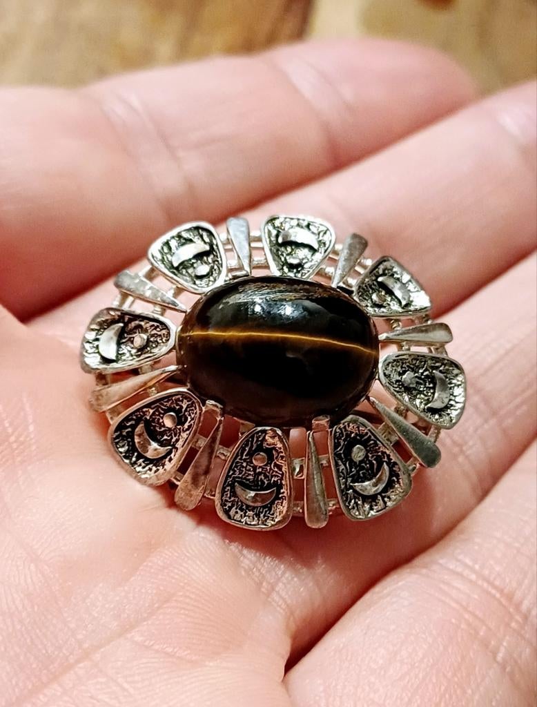 Broche œil de tigre en argent antique, Enlèvement ou Envoi, Argent, Broche