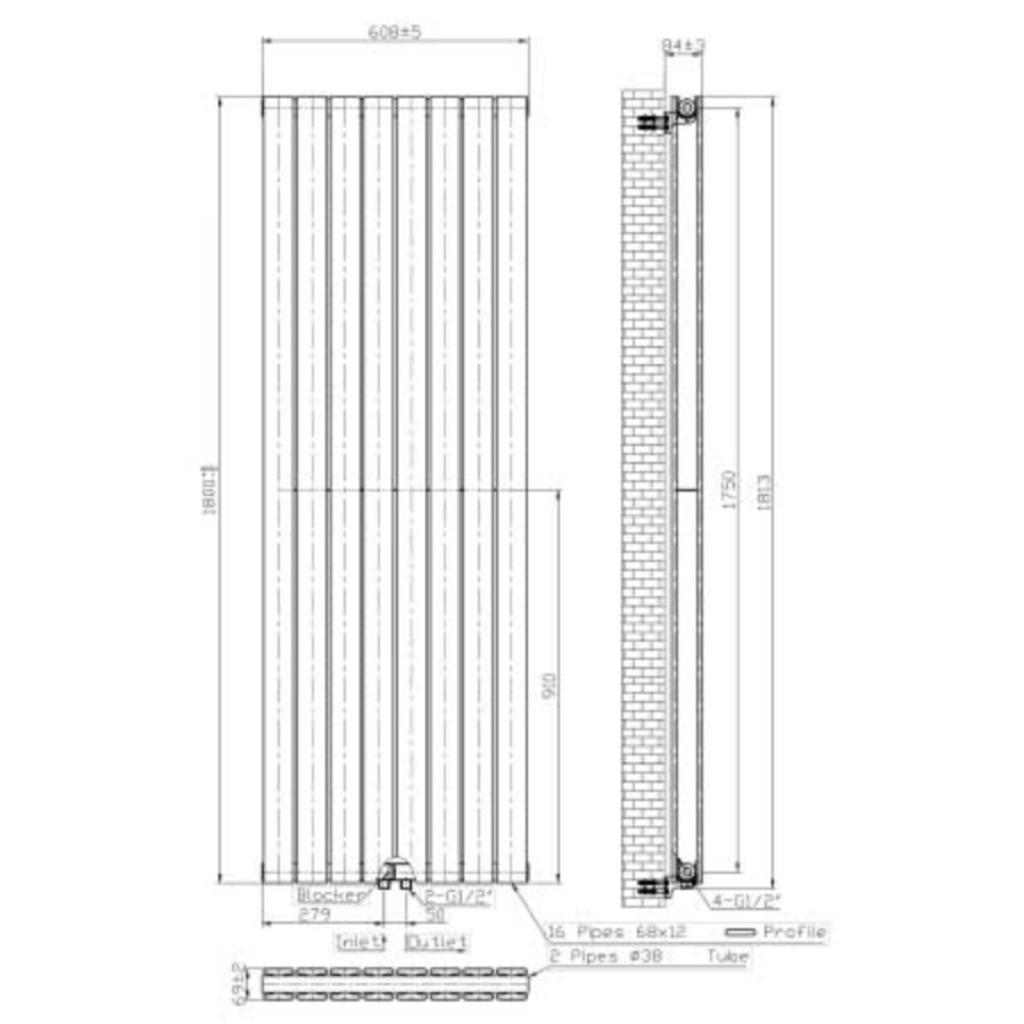 Verticaal design radiator wit 1800x65x610 – 2160 Watt, Ophalen, Radiator, Nieuw, 60 tot 150 cm