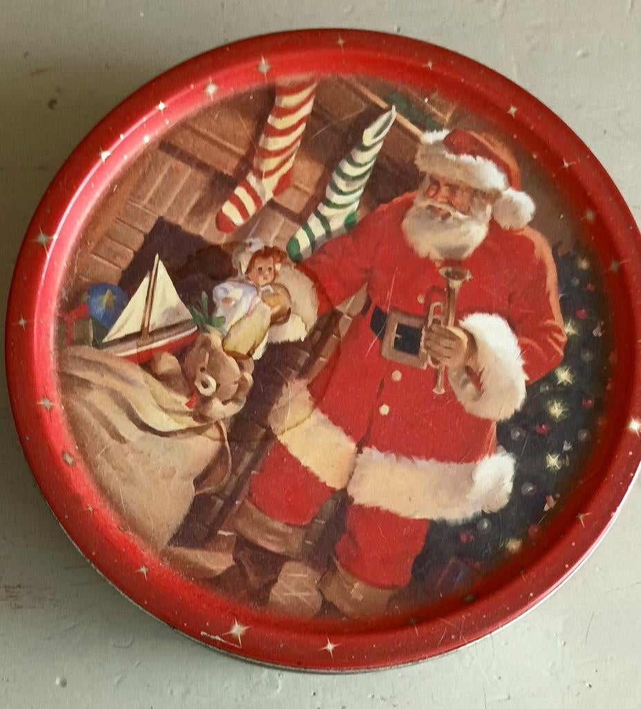 vintage decoratie prachtige Jacobsens kerstdoos en slinger, Ophalen, Gebruikt, Rond, Metaal