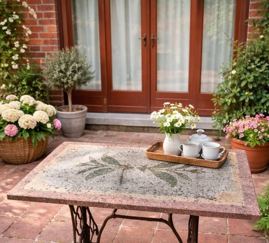 Tafel met authentiek granito tafelblad en Singer onderstel., Tuin en Terras, Ophalen
