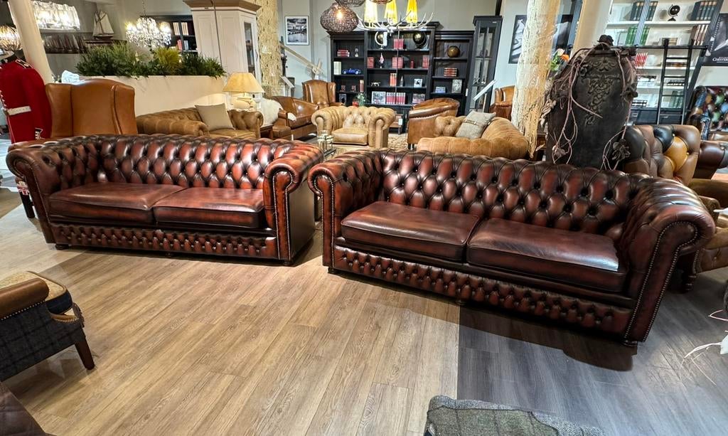 Original ENGELS CHESTERFIELD 2x 3 zits SPRINGVALE Rood bruin, Huis en Inrichting, Zetels | Zetels, Ophalen of Verzenden, Zo goed als nieuw
