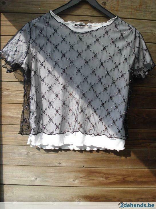 Heel leuk t-shirtje wit met zwart kant-mad hearts, Ophalen of Verzenden, Gedragen, Maat 36 (S)