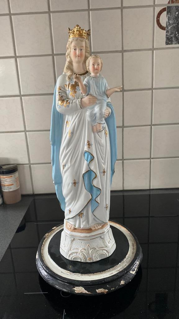 Prachtig beeld Maria met kind onder stolp., Antiek en Kunst, Ophalen